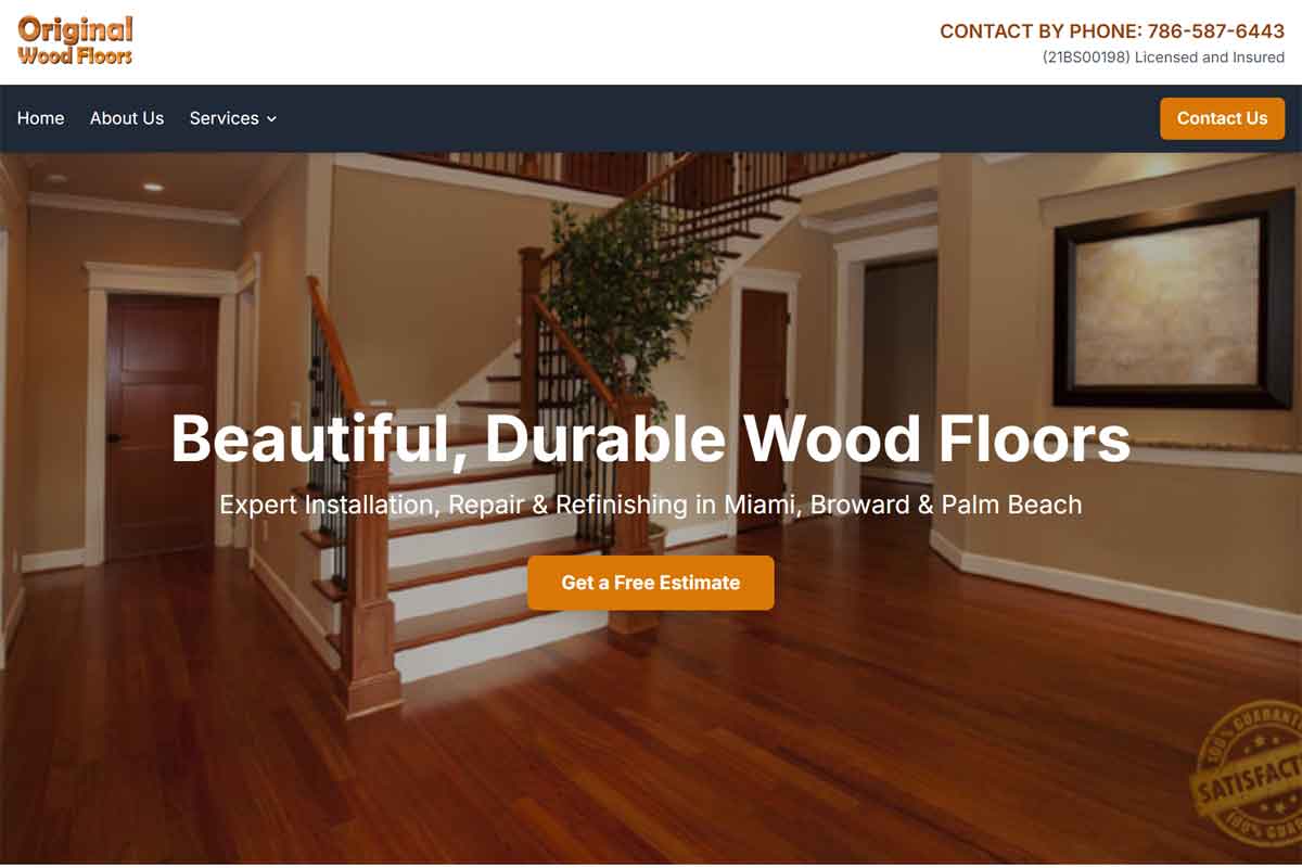 Original Wood Floors website built by UpRank, showing hardwood flooring installation, repair and refinishing for Miami, Broward and Palm Beach