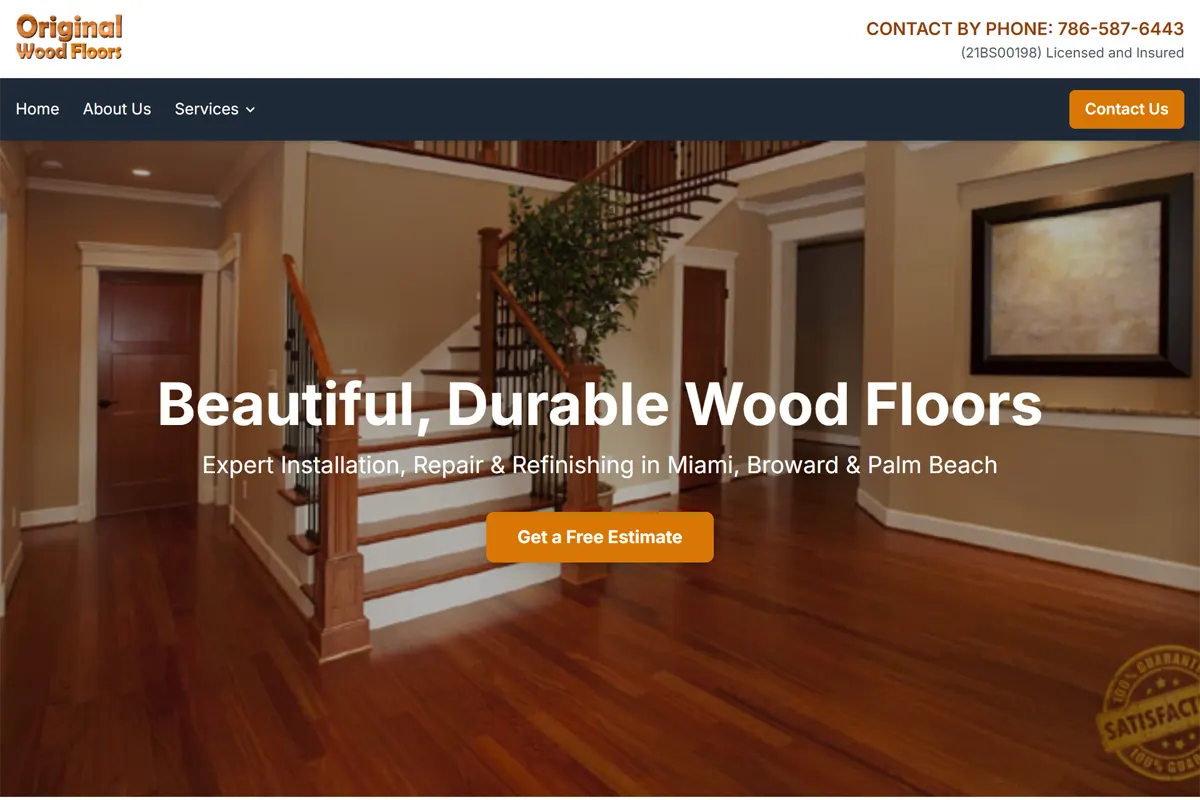 Original Wood Floors homepage built by UpRank, showing hardwood flooring installation services for Miami, Broward and Palm Beach