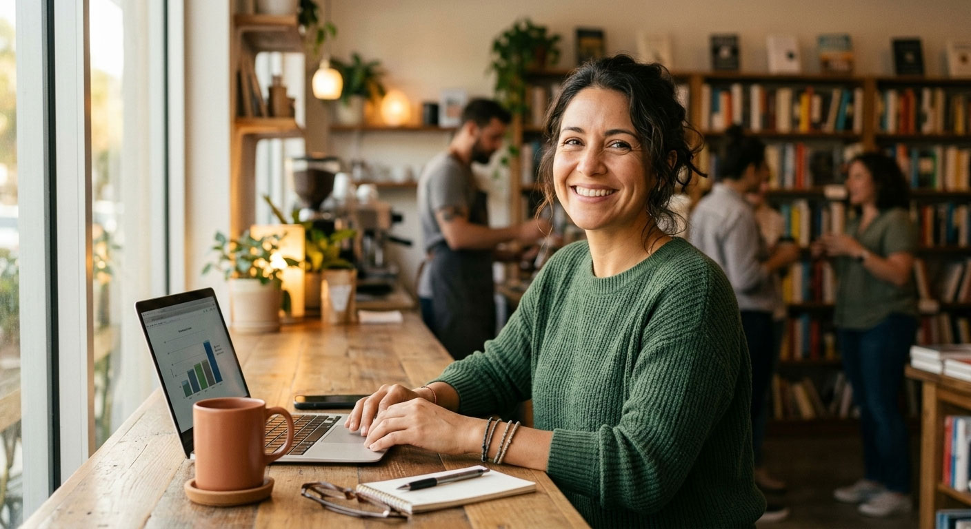 A smiling local business owner working on a laptop