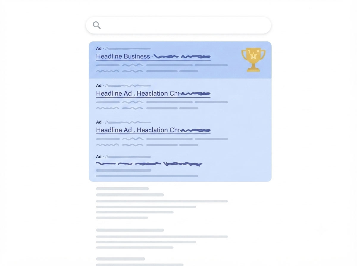 Search results page showing the top sponsored ad positions determined by Ad Rank
