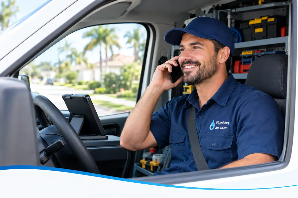 Plumber in a service van answering a customer call on his phone