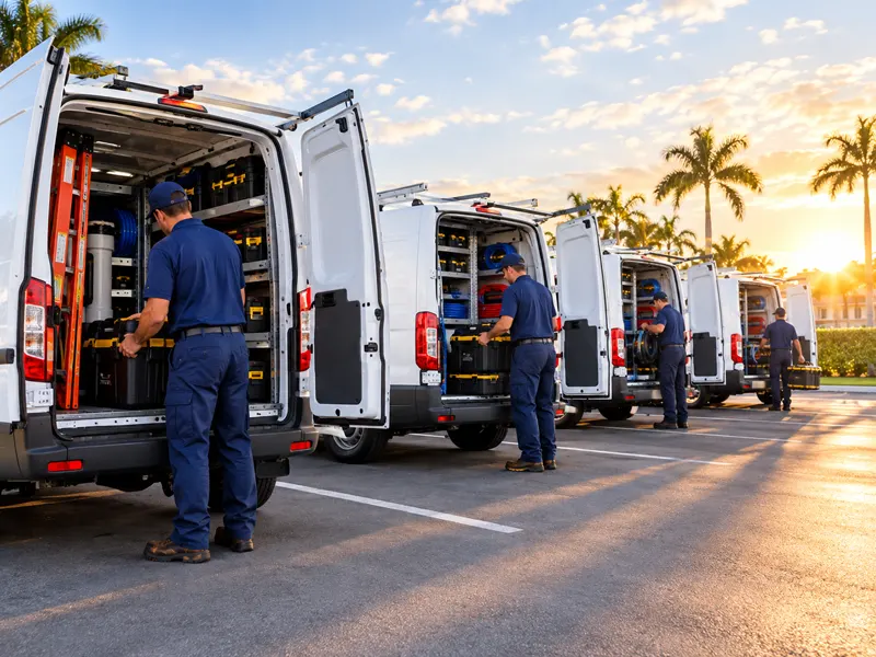 Row of clean plumbing service vans lined up at sunrise, ready to dispatch