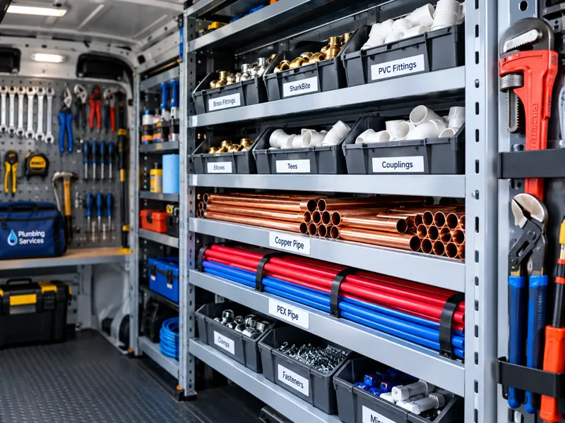 Organized plumbing service van shelves with labeled bins, representing an organized ad account