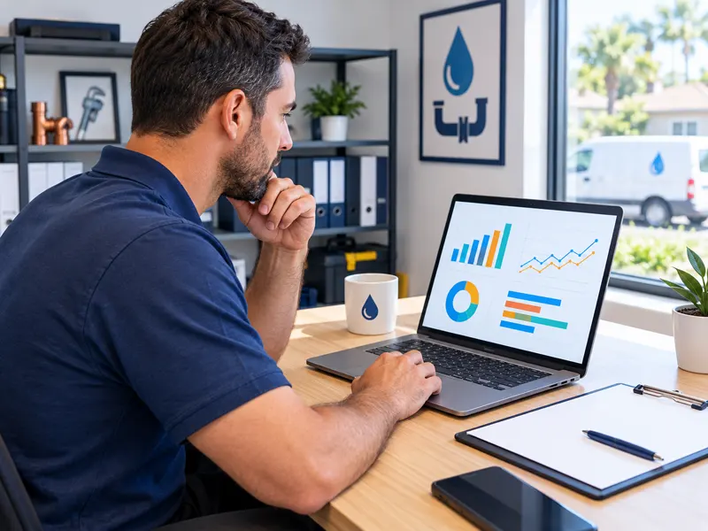 Plumbing business owner reviewing ad performance on a laptop at the shop desk