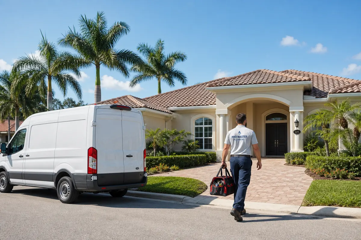 Florida plumber arriving at a stucco home with palm trees and a clear blue sky