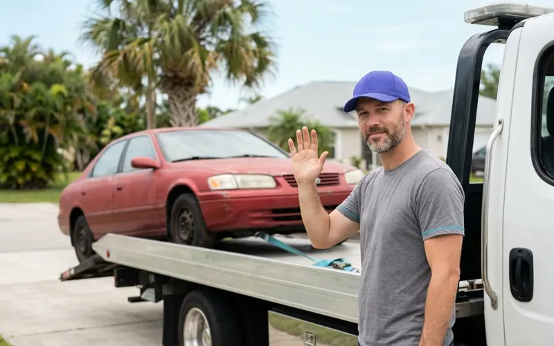 Tow truck picking up an old car for a cash-for-cars buyer
