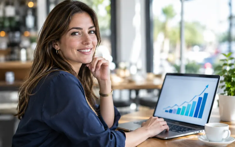 Small business owner reviewing improved website results on a laptop