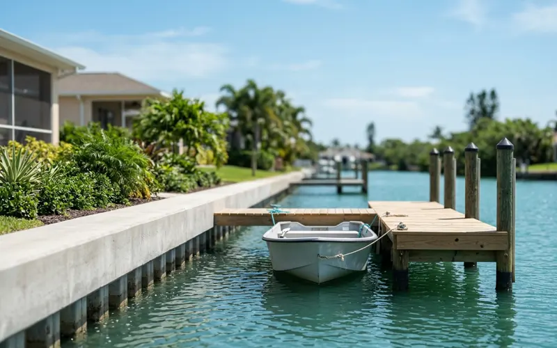 New concrete seawall and wood dock on a Florida waterfront