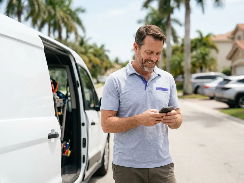 Boca Raton business owner checking new customer leads from Google on a phone