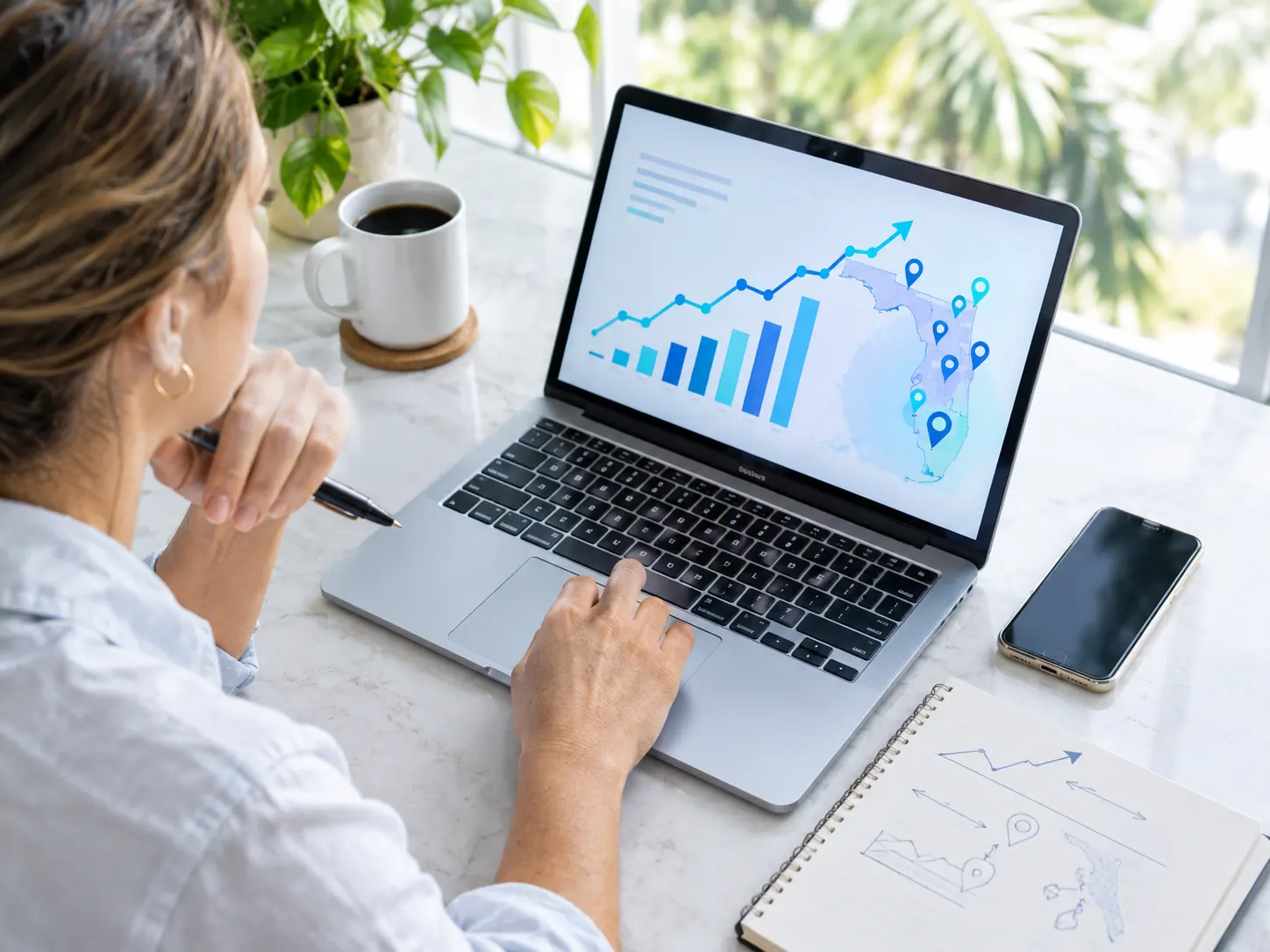 SEO strategy session with rankings and lead reports on a laptop